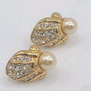 Vintage Swarovski Turtle‎ Earrings Gold Tone Rhinestone Faux Pearl Clip-On